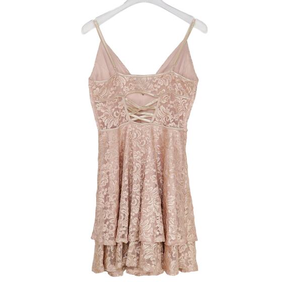 Emerald Sundae Pink Lace Sparkly Spaghetti Strap V-Neck Mini Dress Medium - Picture 6 of 9